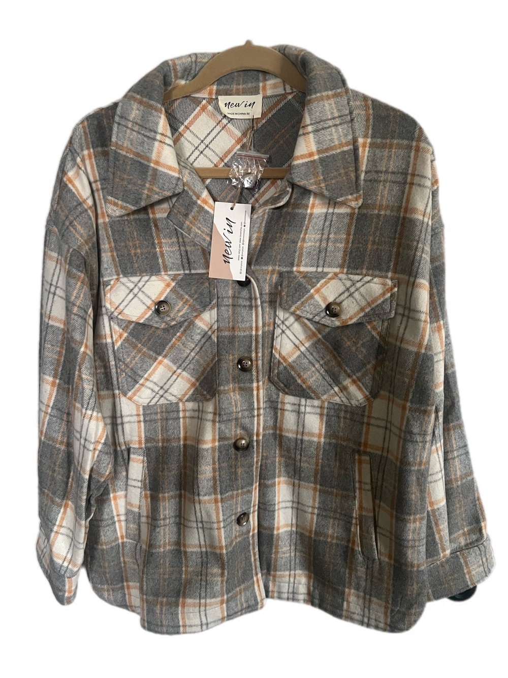 Mod Boutique Mustard Gray Cream Women's Grey Plaid Shacket Jacket Fall Harvest